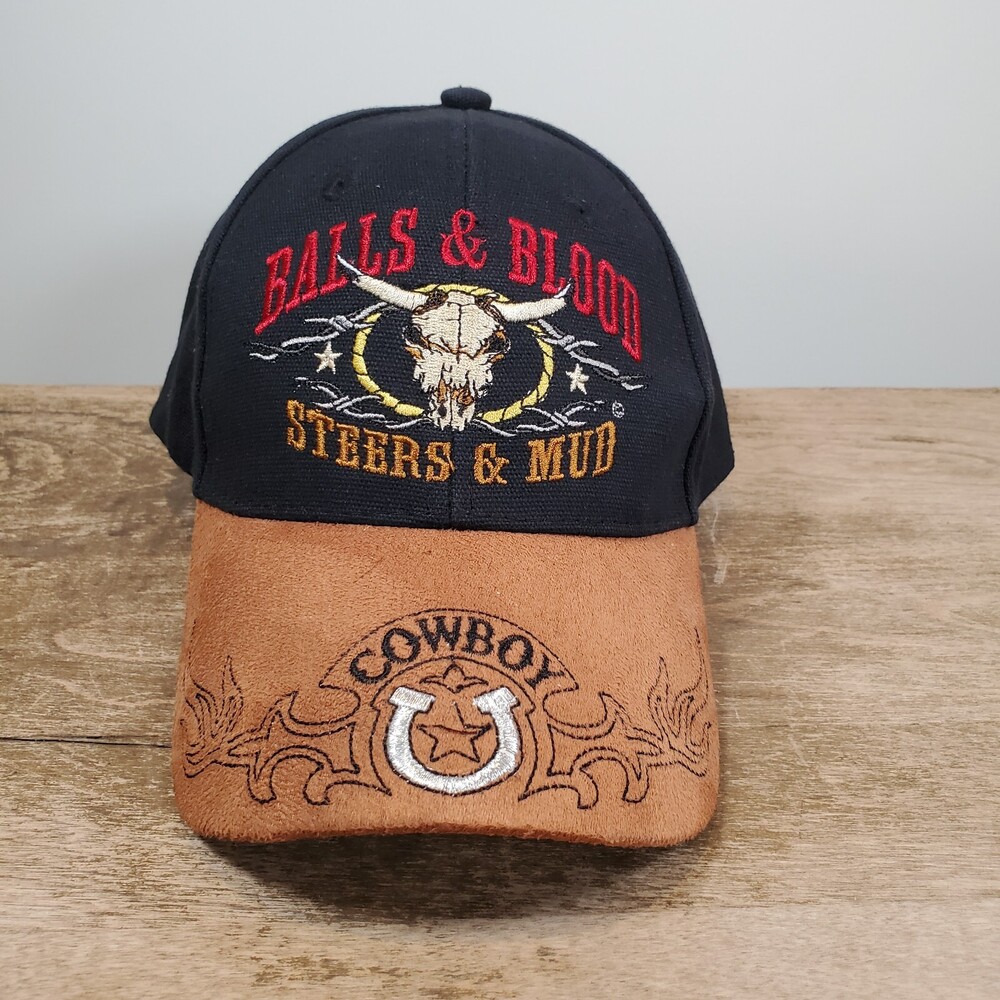 Cowboy Baseball Cap Balls & Blood Steers & Mud Adjustable Hat Western Rodeo USA